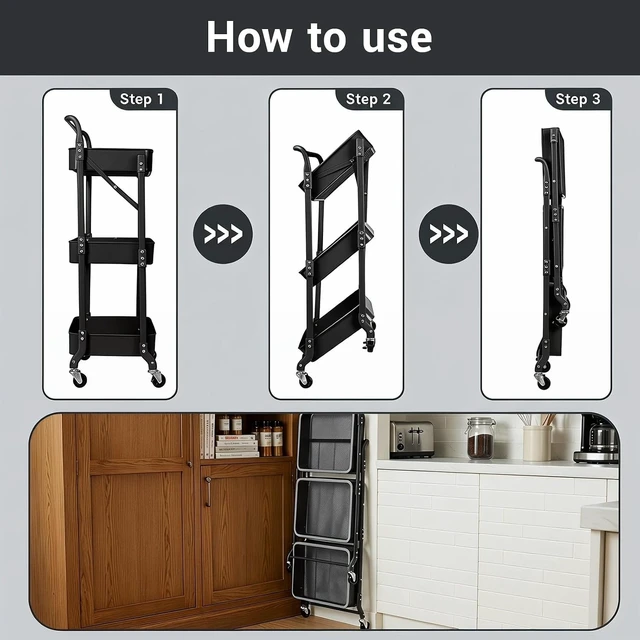 Alt view image 5 of 7 - 3 Tier Foldable Rolling Cart with Wheels, Folding Utility Cart Organizer, Collapsible Rolling Storage Cart with 3 Hanging Cups & 6 Hooks for Kitchen, Office, Nursery(Black)