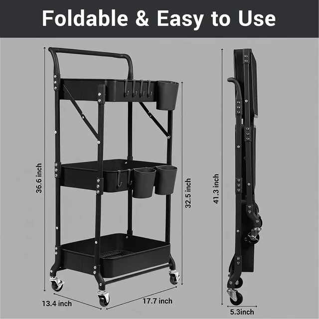 Alt view image 6 of 7 - 3 Tier Foldable Rolling Cart with Wheels, Folding Utility Cart Organizer, Collapsible Rolling Storage Cart with 3 Hanging Cups & 6 Hooks for Kitchen, Office, Nursery(Black)