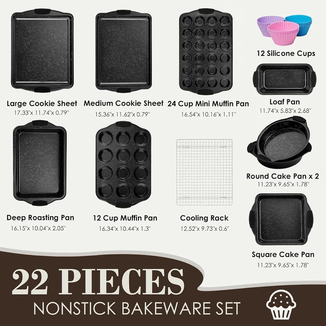 Alt view image 2 of 7 - Baking Pans Set Nonstick, Bakeware Sets Stackable with Silicone Handles, 22 Pieces Oven Pan for Cooking Including Baking Cookie Sheet with Rack, Roast Pan, Cake Pan, Loaf Pan, Muffin Pan, Black