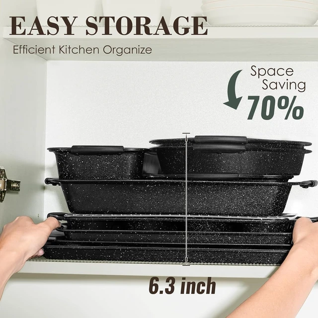 Alt view image 7 of 7 - Baking Pans Set Nonstick, Bakeware Sets Stackable with Silicone Handles, 22 Pieces Oven Pan for Cooking Including Baking Cookie Sheet with Rack, Roast Pan, Cake Pan, Loaf Pan, Muffin Pan, Black