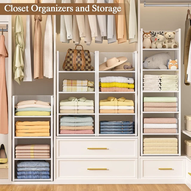 Alt view image 3 of 7 - 4-Tier Stackable Closet Organizers and Storage Basket, Wire Clothes Shelf Organizer Bins, Sweater Storage for Wardrobe Cupboard, Multifunctional Cube Storage Box for Kitchen Bath Laundry Room, White