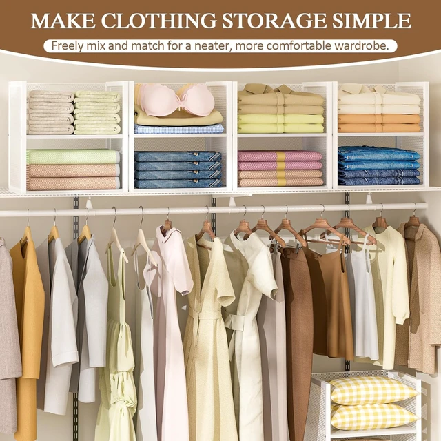 Alt view image 4 of 7 - 4-Tier Stackable Closet Organizers and Storage Basket, Wire Clothes Shelf Organizer Bins, Sweater Storage for Wardrobe Cupboard, Multifunctional Cube Storage Box for Kitchen Bath Laundry Room, White