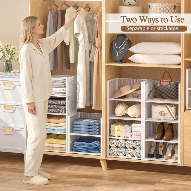 Alt view image 5 of 7 - 4-Tier Stackable Closet Organizers and Storage Basket, Wire Clothes Shelf Organizer Bins, Sweater Storage for Wardrobe Cupboard, Multifunctional Cube Storage Box for Kitchen Bath Laundry Room, White