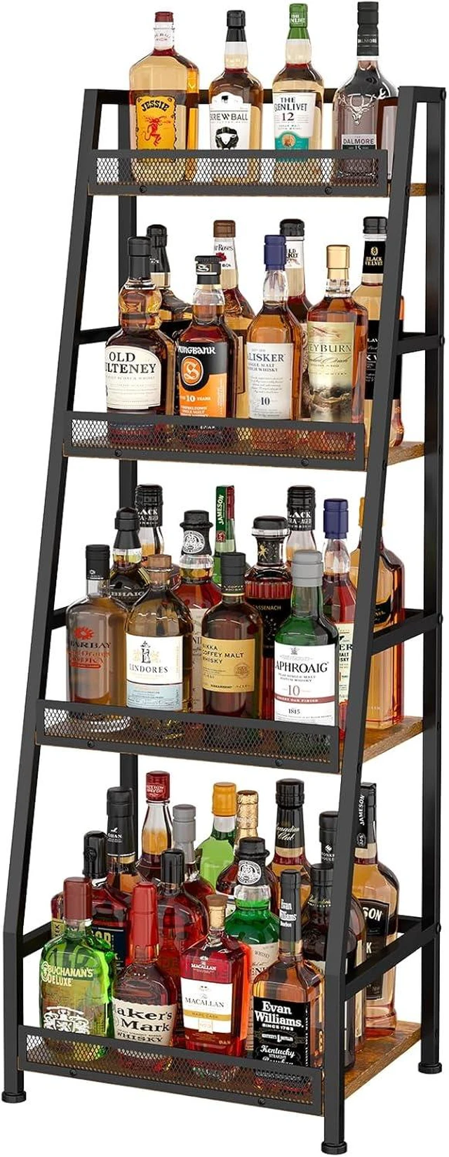 Main image of 4-Tier Trapezoid Liquor Stand for Home Bar, Stepped Wine Rack Freestanding Floor Liquor Cabinet for Whiskey Wine, Versatile Corner Wine Bottle Display Stand with Fences, Vintage BrownPatent Pending