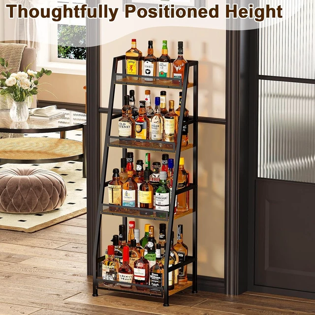 Alt view image 3 of 7 - 4-Tier Trapezoid Liquor Stand for Home Bar, Stepped Wine Rack Freestanding Floor Liquor Cabinet for Whiskey Wine, Versatile Corner Wine Bottle Display Stand with Fences, Vintage BrownPatent Pending