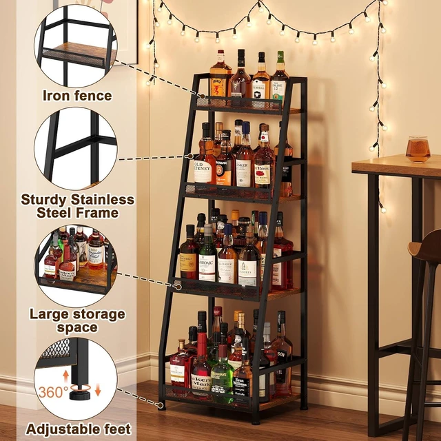 Alt view image 2 of 7 - 4-Tier Trapezoid Liquor Stand for Home Bar, Stepped Wine Rack Freestanding Floor Liquor Cabinet for Whiskey Wine, Versatile Corner Wine Bottle Display Stand with Fences, Vintage BrownPatent Pending