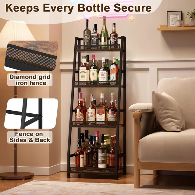 Alt view image 5 of 7 - 4-Tier Trapezoid Liquor Stand for Home Bar, Stepped Wine Rack Freestanding Floor Liquor Cabinet for Whiskey Wine, Versatile Corner Wine Bottle Display Stand with Fences, Vintage BrownPatent Pending