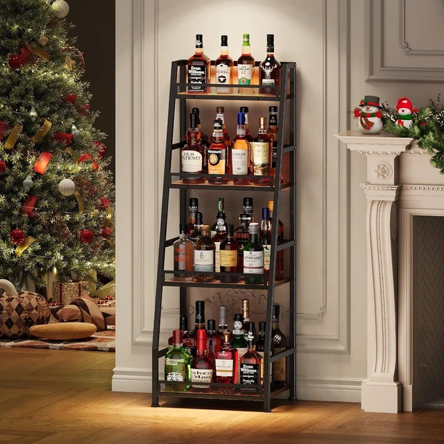 Alt view image 6 of 7 - 4-Tier Trapezoid Liquor Stand for Home Bar, Stepped Wine Rack Freestanding Floor Liquor Cabinet for Whiskey Wine, Versatile Corner Wine Bottle Display Stand with Fences, Vintage BrownPatent Pending