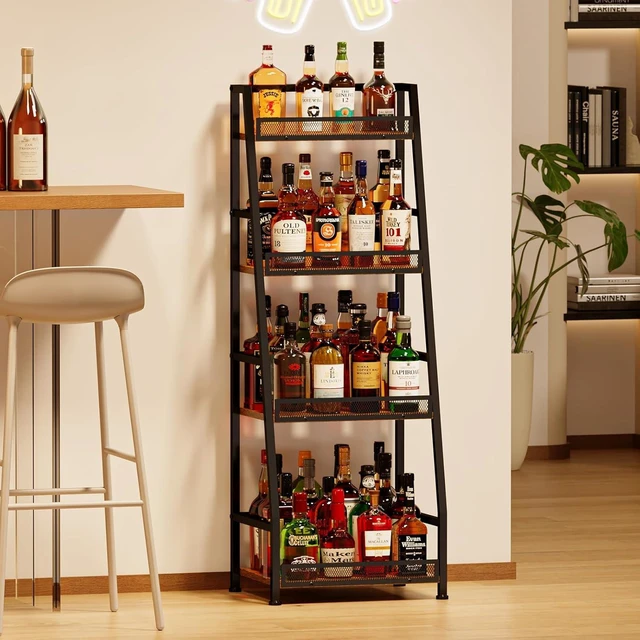 Alt view image 7 of 7 - 4-Tier Trapezoid Liquor Stand for Home Bar, Stepped Wine Rack Freestanding Floor Liquor Cabinet for Whiskey Wine, Versatile Corner Wine Bottle Display Stand with Fences, Vintage BrownPatent Pending