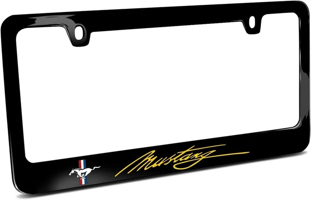 Main image of for Ford Mustang Script in Yellow Printed American-Made Black Metal License Plate Frame - Official Licensed