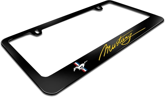Alt view image 3 of 7 - for Ford Mustang Script in Yellow Printed American-Made Black Metal License Plate Frame - Official Licensed