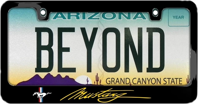 Alt view image 2 of 7 - for Ford Mustang Script in Yellow Printed American-Made Black Metal License Plate Frame - Official Licensed