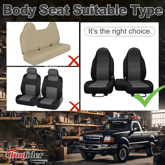 Alt view image 7 of 7 - 2Pcs 60/40 Cloth High Back Bench Seat Cover Fit for Ford Ranger XLT Front 1998 1999 2000 2001 2002 2003 Without Console Cover Black