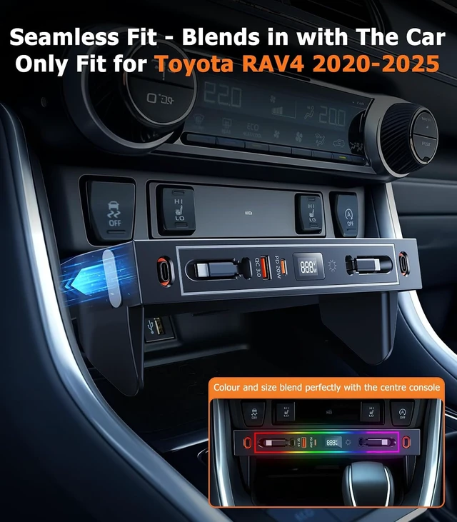 Alt view image 2 of 7 - for Toyota RAV4 Car Charger USB Hub with RGB Light, 4-Port Retractable Docking Station for Toyota RAV4 Accessories 2025 2024 2023 2022 2021 2020, Center Console Phone Fast Charger/Adaptor Hub