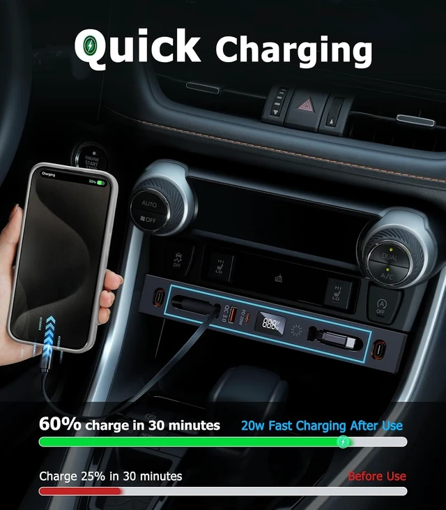 Alt view image 4 of 7 - for Toyota RAV4 Car Charger USB Hub with RGB Light, 4-Port Retractable Docking Station for Toyota RAV4 Accessories 2025 2024 2023 2022 2021 2020, Center Console Phone Fast Charger/Adaptor Hub