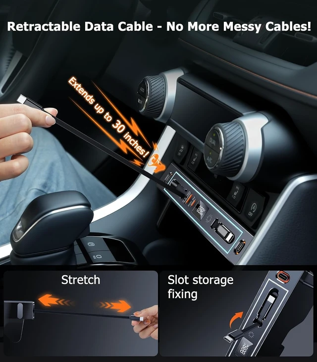 Alt view image 5 of 7 - for Toyota RAV4 Car Charger USB Hub with RGB Light, 4-Port Retractable Docking Station for Toyota RAV4 Accessories 2025 2024 2023 2022 2021 2020, Center Console Phone Fast Charger/Adaptor Hub