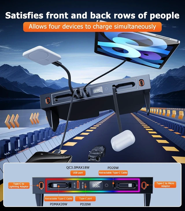 Alt view image 6 of 7 - for Toyota RAV4 Car Charger USB Hub with RGB Light, 4-Port Retractable Docking Station for Toyota RAV4 Accessories 2025 2024 2023 2022 2021 2020, Center Console Phone Fast Charger/Adaptor Hub