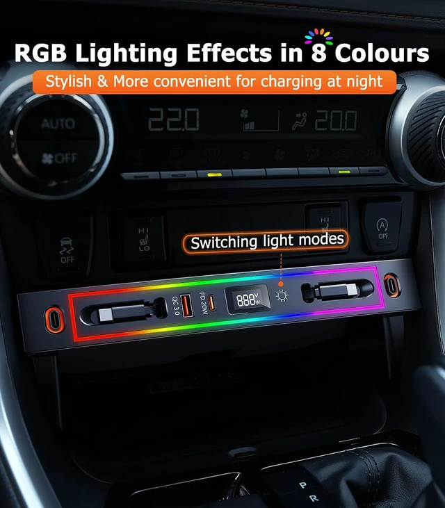 Alt view image 7 of 7 - for Toyota RAV4 Car Charger USB Hub with RGB Light, 4-Port Retractable Docking Station for Toyota RAV4 Accessories 2025 2024 2023 2022 2021 2020, Center Console Phone Fast Charger/Adaptor Hub