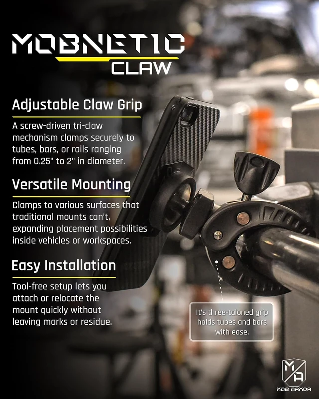 Alt view image 2 of 6 - MobNetic Claw with 360° Rotation - Bar Mount for Golf Carts, Strollers, or Any enclsoed cab Vehicle with Round or Square Tubes- Universal Car Magnetic Phone Mount, Assembled in USA - Black