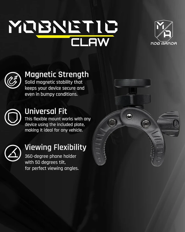 Alt view image 3 of 6 - MobNetic Claw with 360° Rotation - Bar Mount for Golf Carts, Strollers, or Any enclsoed cab Vehicle with Round or Square Tubes- Universal Car Magnetic Phone Mount, Assembled in USA - Black