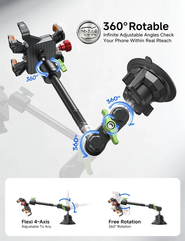 Alt view image 7 of 7 - Metal Car Phone Holder 360° Rotation Suction Mount Windshield