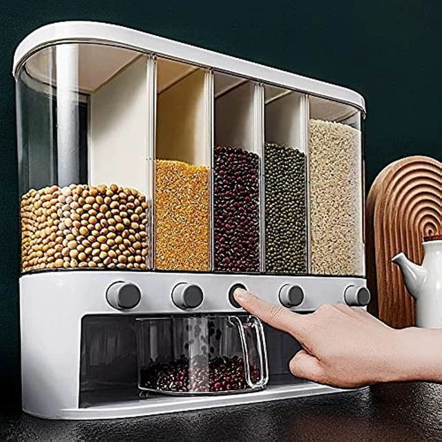 Main image of Dry Food Dispenser,Wall mounted 5 Grid Cereal Dispenser,Rice dispenser 25 pounds Kitchen Storage with Measuring Cup