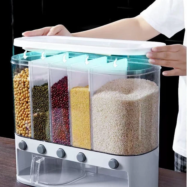 Alt view image 4 of 4 - Dry Food Dispenser,Wall mounted 5 Grid Cereal Dispenser,Rice dispenser 25 pounds Kitchen Storage with Measuring Cup