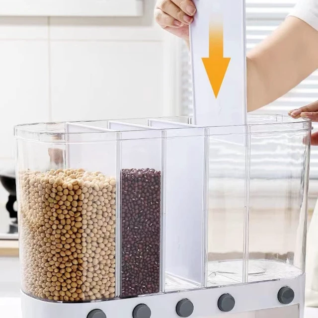 Alt view image 2 of 4 - Dry Food Dispenser,Wall mounted 5 Grid Cereal Dispenser,Rice dispenser 25 pounds Kitchen Storage with Measuring Cup