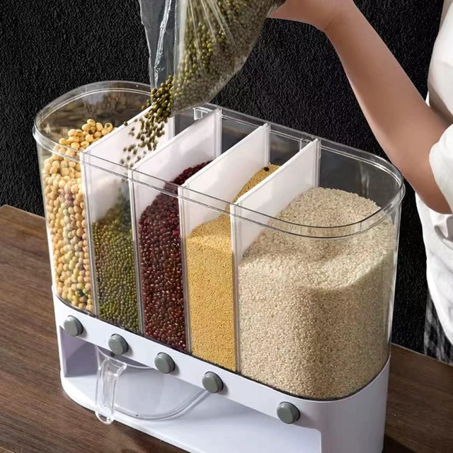 Alt view image 3 of 4 - Dry Food Dispenser,Wall mounted 5 Grid Cereal Dispenser,Rice dispenser 25 pounds Kitchen Storage with Measuring Cup