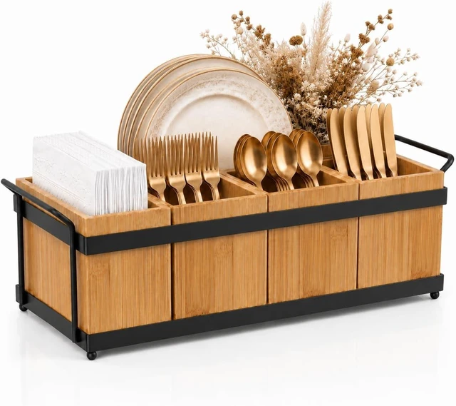 Main image of Silverware Holder for Party, Bamboo Utensil Caddy with 5 Removable Bins.