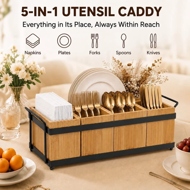 Alt view image 2 of 7 - Silverware Holder for Party, Bamboo Utensil Caddy with 5 Removable Bins.