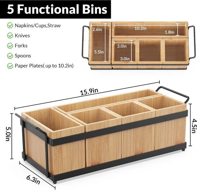 Alt view image 3 of 7 - Silverware Holder for Party, Bamboo Utensil Caddy with 5 Removable Bins.