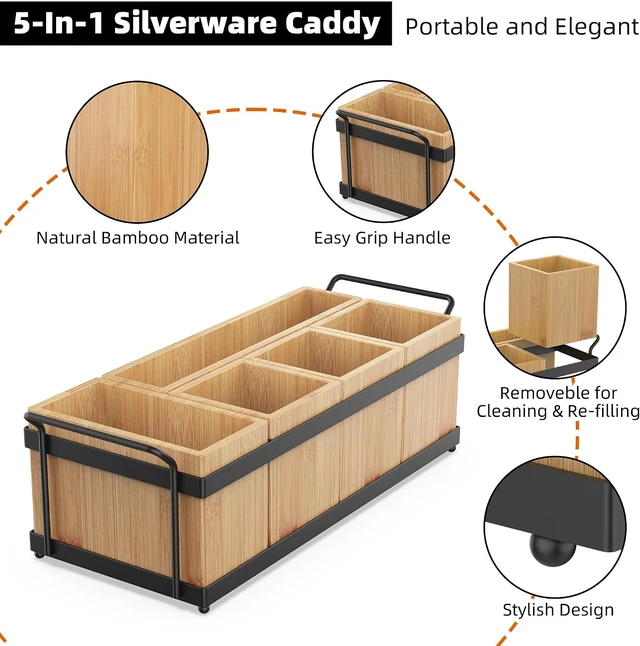 Alt view image 4 of 7 - Silverware Holder for Party, Bamboo Utensil Caddy with 5 Removable Bins.
