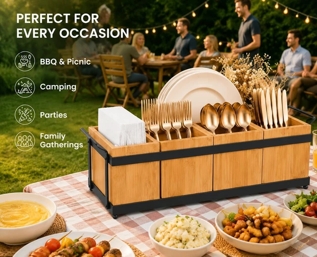 Alt view image 6 of 7 - Silverware Holder for Party, Bamboo Utensil Caddy with 5 Removable Bins.