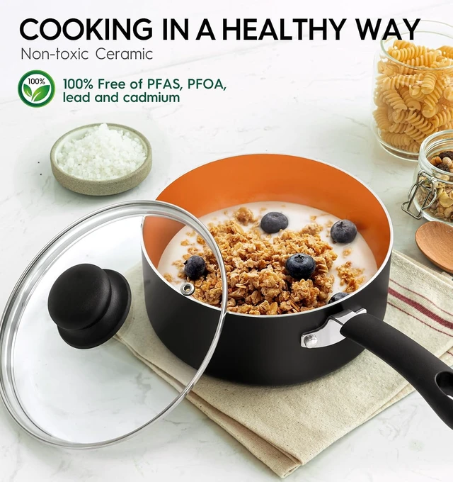Alt view image 2 of 7 - Nonstick Sauce Pan with Lid 1QT, 2QT & 3QT, Ceramic Saucepan Set, Copper Sauce pans, Non-Toxic Saucepan, Multipurpose Cooking Pots Set For Home Kitchen, Compatible induction