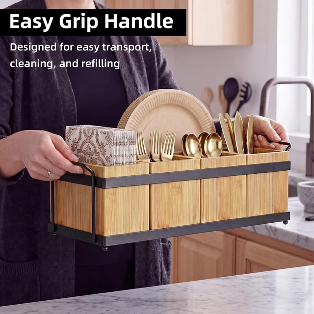 Alt view image 5 of 7 - Silverware Holder for Party, Bamboo Utensil Caddy with 5 Removable Bins.