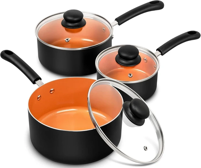 Main image of Nonstick Sauce Pan with Lid 1QT, 2QT & 3QT, Ceramic Saucepan Set, Copper Sauce pans, Non-Toxic Saucepan, Multipurpose Cooking Pots Set For Home Kitchen, Compatible induction
