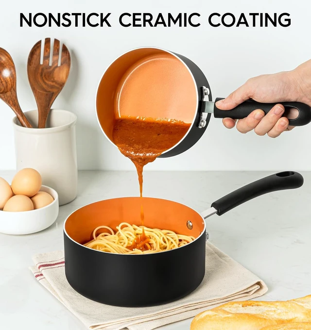 Alt view image 3 of 7 - Nonstick Sauce Pan with Lid 1QT, 2QT & 3QT, Ceramic Saucepan Set, Copper Sauce pans, Non-Toxic Saucepan, Multipurpose Cooking Pots Set For Home Kitchen, Compatible induction