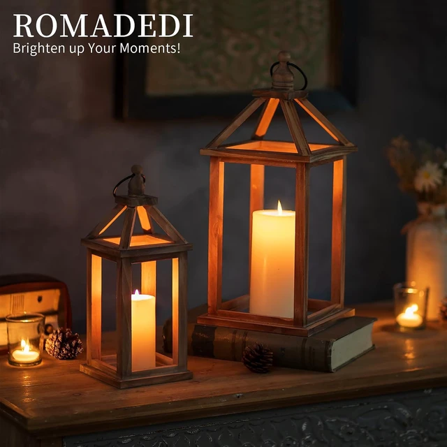 Alt view image 2 of 7 - Wood Candle Lantern Decorative, Brown, Rustic Decor Set of 2