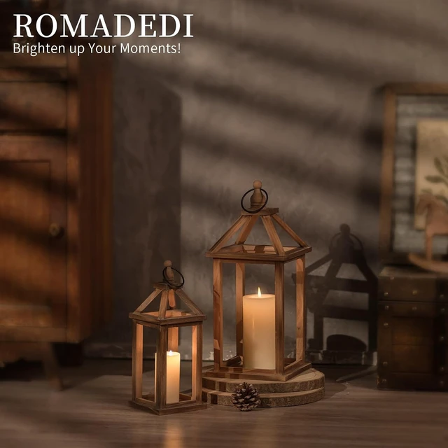 Alt view image 3 of 7 - Wood Candle Lantern Decorative, Brown, Rustic Decor Set of 2