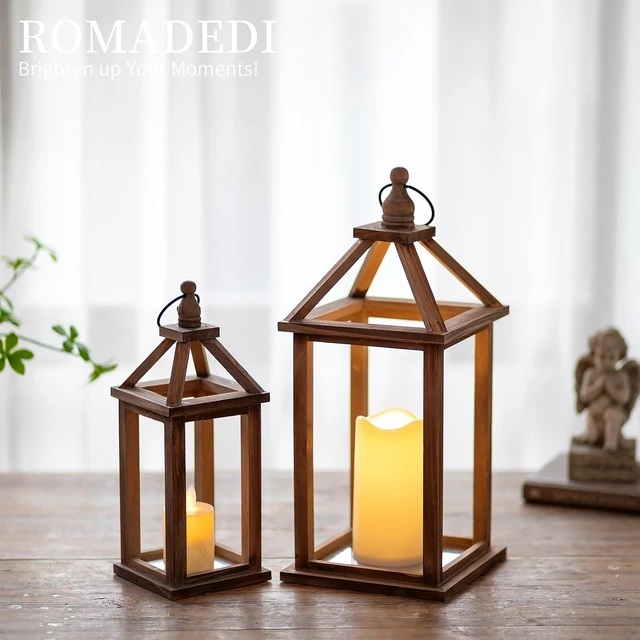 Alt view image 4 of 7 - Wood Candle Lantern Decorative, Brown, Rustic Decor Set of 2