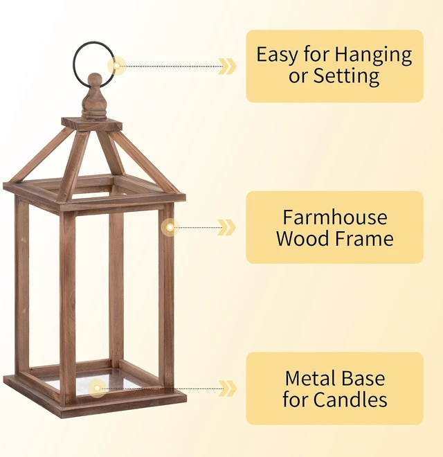 Alt view image 6 of 7 - Wood Candle Lantern Decorative, Brown, Rustic Decor Set of 2