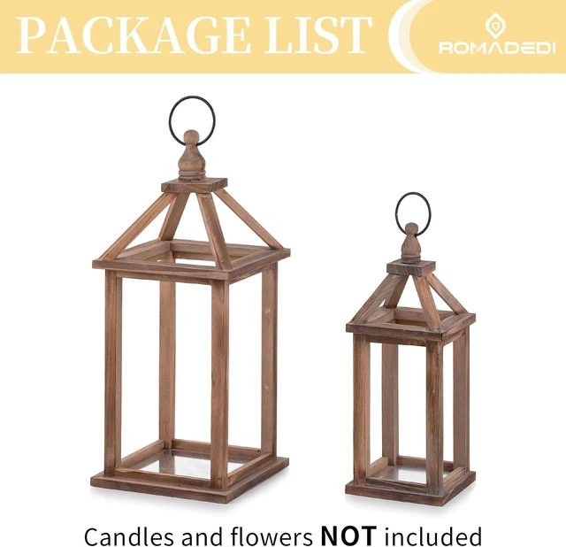 Alt view image 7 of 7 - Wood Candle Lantern Decorative, Brown, Rustic Decor Set of 2