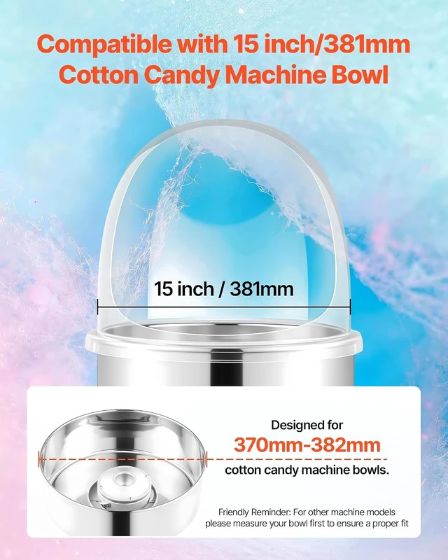 Alt view image 2 of 7 - 16 Inch Cotton Candy Machine Cover, Transparent Acrylic Dome Bubble Shield Compatible with 15inch Commercial Cotton Candy Floss Maker Bowl for Party, Shops, Bottom Groove Design