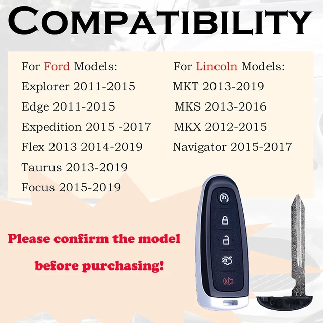 Alt view image 2 of 7 - Car Key Fob Replacement Fits for Ford Explorer Edge 2011-2015 Expedition Flex Taurus 2013-2019 Focus Escape Lincoln MKS MKT MKX Navigator Keyless Entry Remote Set of Two M3N5WY8609 164-R8092
