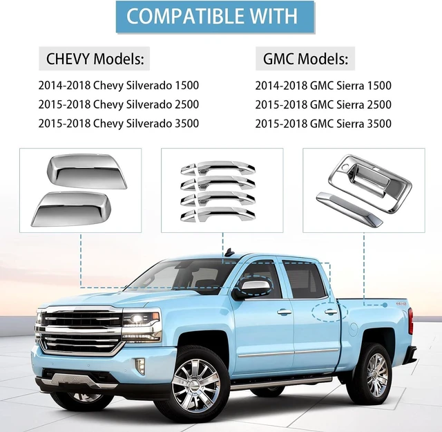 Alt view image 2 of 7 - Chrome Door Handle Covers+Top Half Mirror Covers+Tailgate Cover (with Camera Hole) Compatible with Chevrolet Silverado GMC Sierra 1500 2500 3500 2014-2018 - Not for Towing Mirror