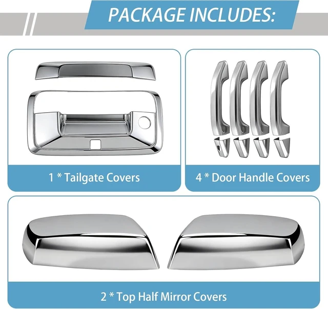Alt view image 3 of 7 - Chrome Door Handle Covers+Top Half Mirror Covers+Tailgate Cover (with Camera Hole) Compatible with Chevrolet Silverado GMC Sierra 1500 2500 3500 2014-2018 - Not for Towing Mirror