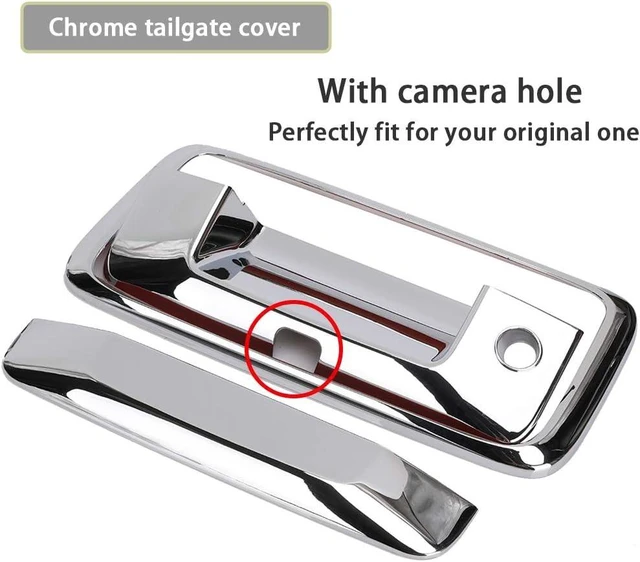Alt view image 6 of 7 - Chrome Door Handle Covers+Top Half Mirror Covers+Tailgate Cover (with Camera Hole) Compatible with Chevrolet Silverado GMC Sierra 1500 2500 3500 2014-2018 - Not for Towing Mirror