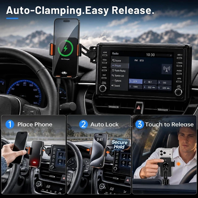 Alt view image 6 of 7 - Car Phone Holder for 2019-2026 Toyota Corolla/Corolla Hatchback & 2022-2026 Corolla Cross Accessories, 8-Inch Screen Phone Mount with Up to 15W Fast Wireless Charging, Auto-Clamping, 360° Rotation