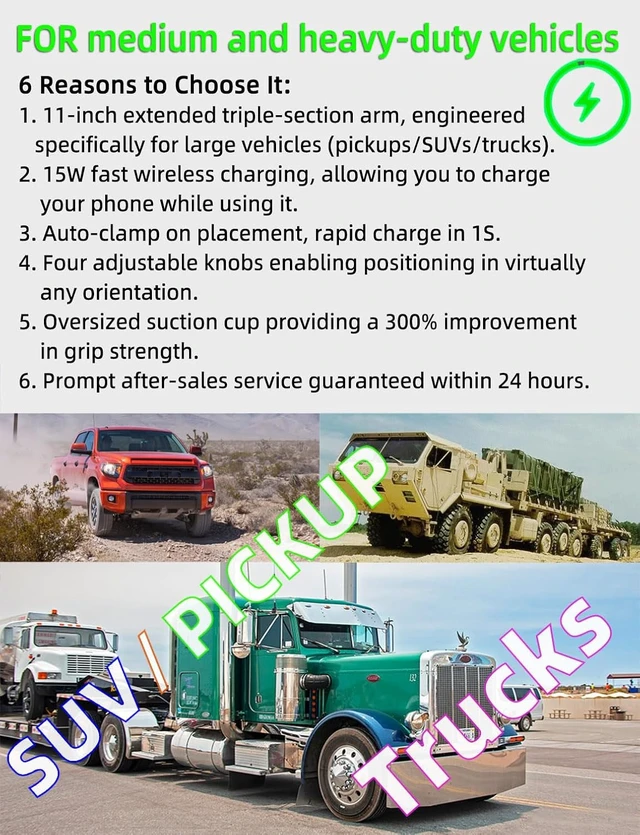 Alt view image 2 of 6 - Wireless Charger Car Phone Holder, 11" Long Arm Mount for SUV/Pickup